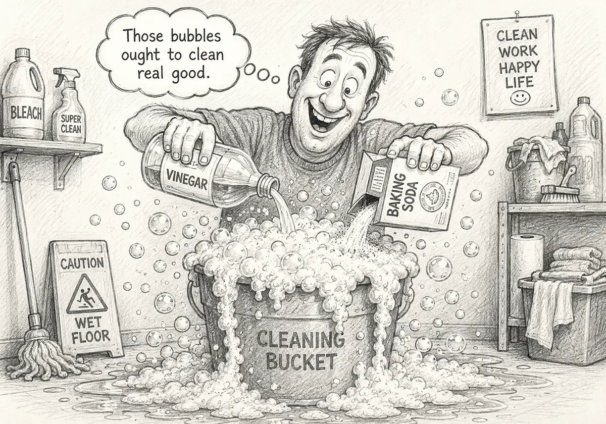 Man mixing baking soda and vinegar in a bucket