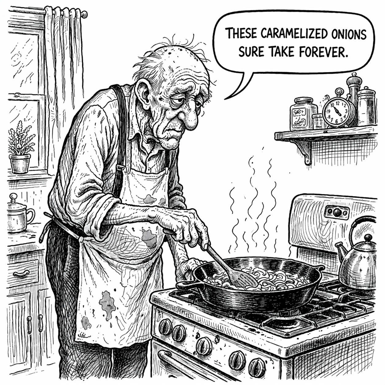 Old man stirring skillet