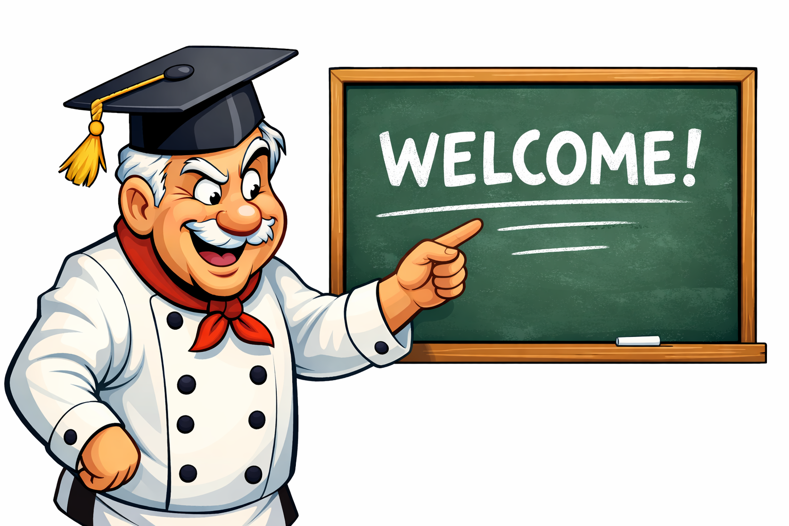 chef wearing mortarboard pointing at welcome sign
