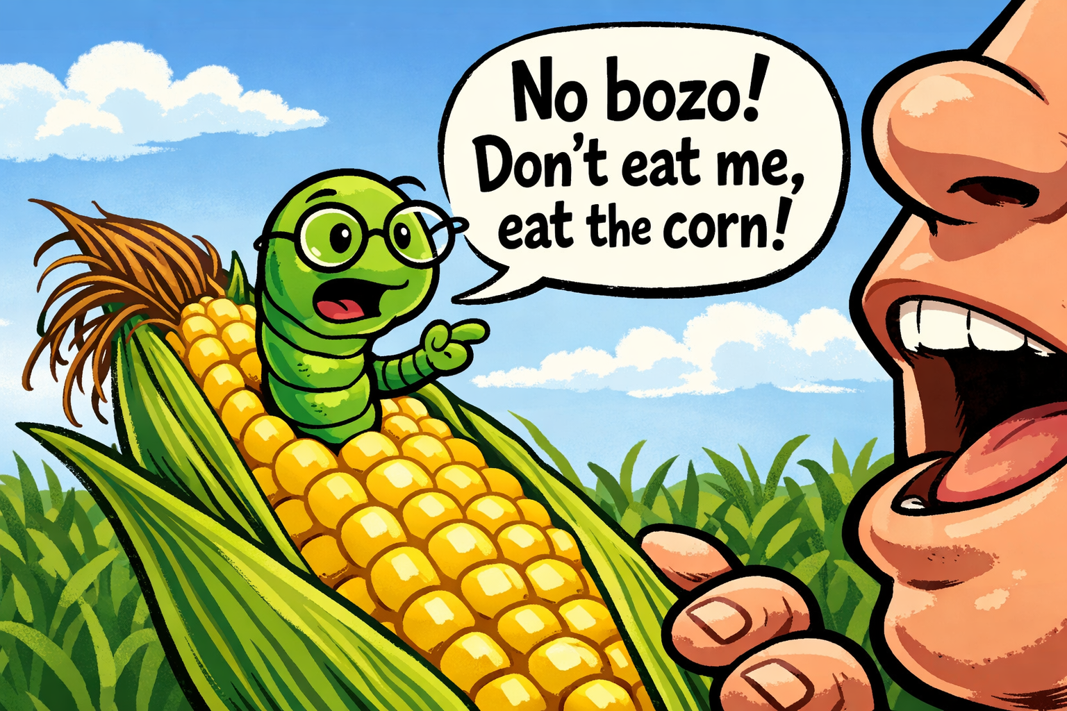 man biting ear of corn with worm