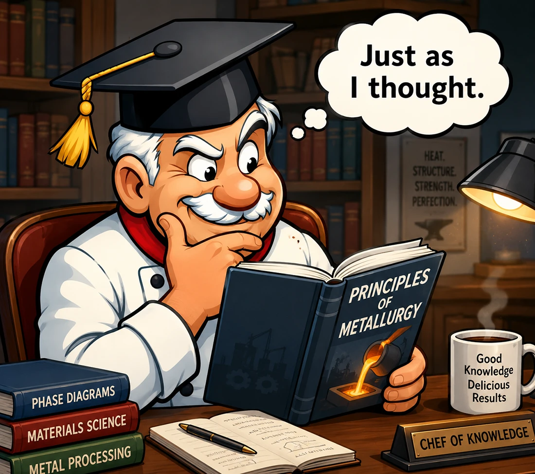 Chef reading metallurgy textbook