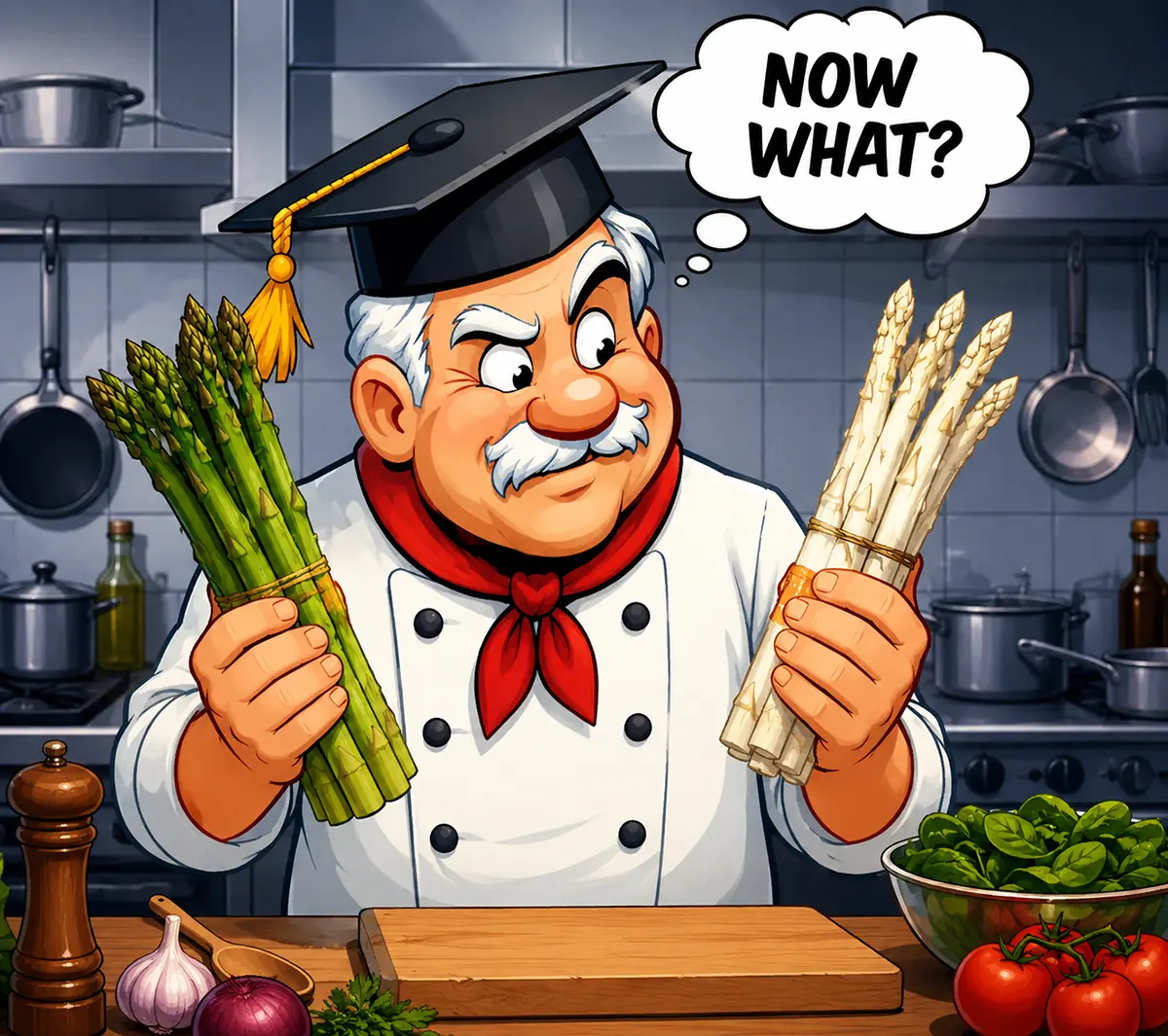 Chef with green and white asparagus