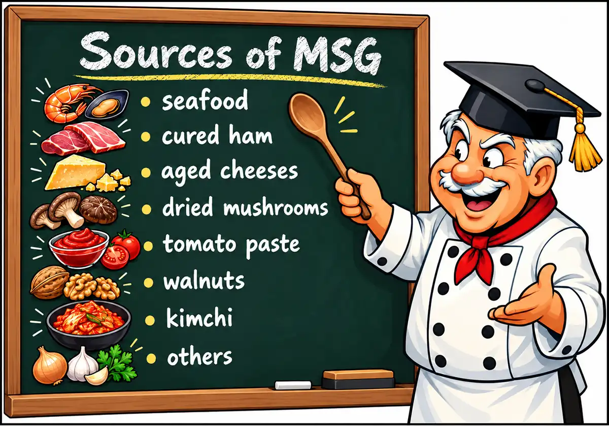 Chef’s Sources of MSG Chalkboard A professor chef teaching about natural food sources of MSG