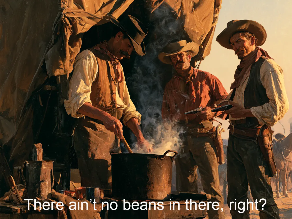 Cowboys asking about beans in the chili
