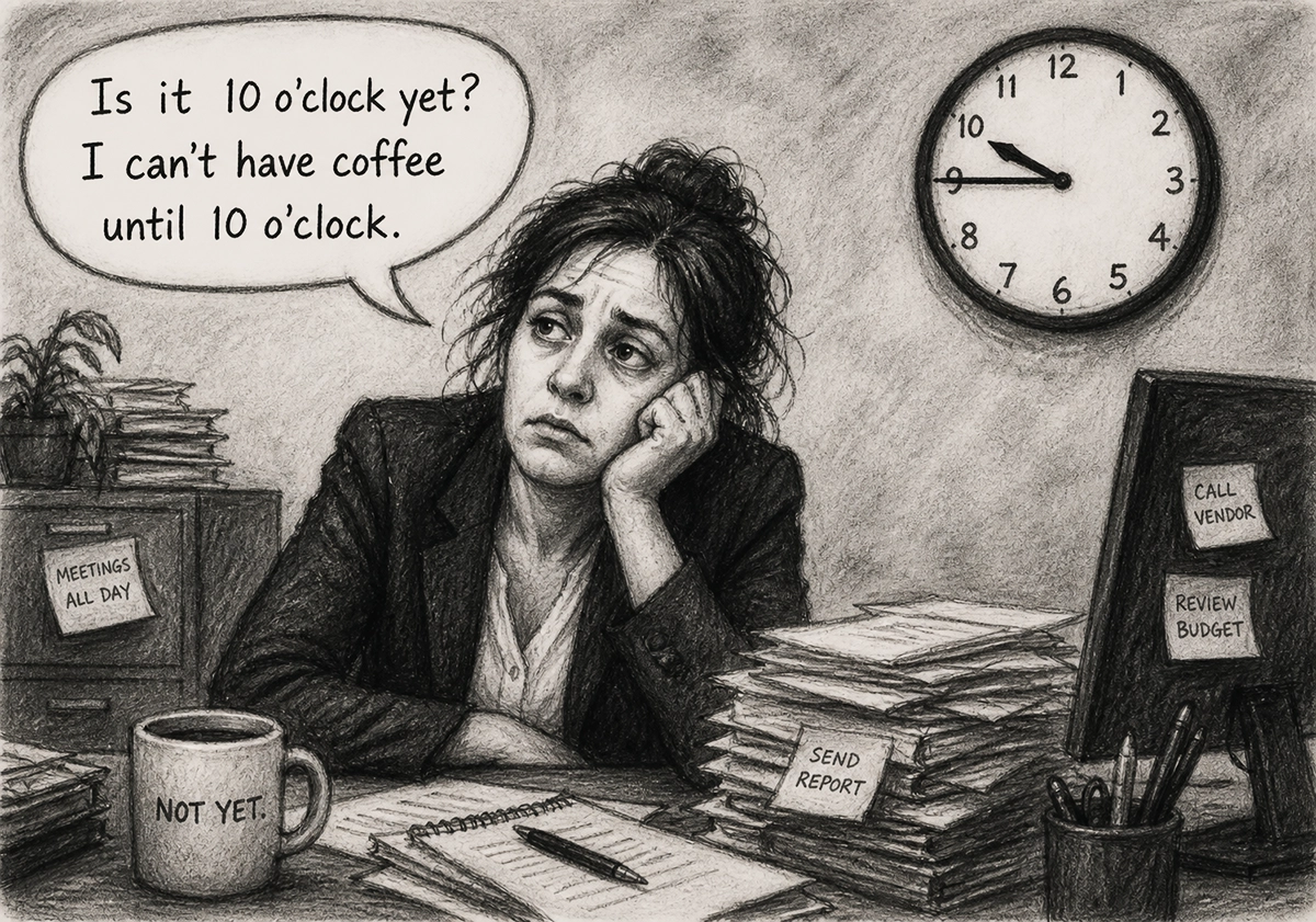 Office worker delaying coffee