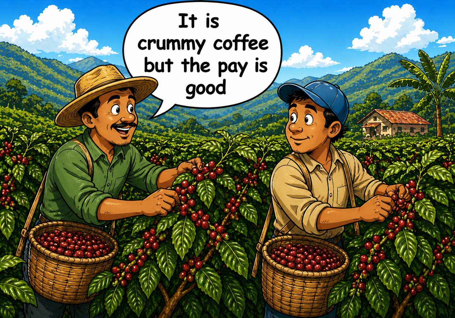 Two men picking coffee beans