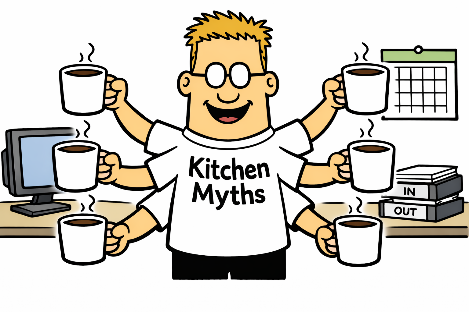 Man with 6 cups of coffee