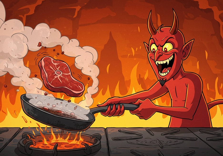 The devil searing a steak