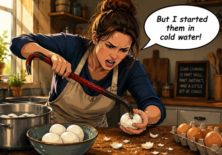 Peeling egg with crowbar