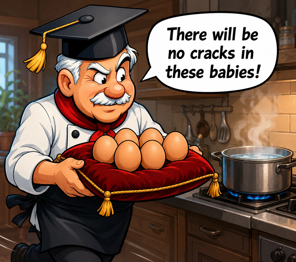 Chef carrying eggs on a cushion