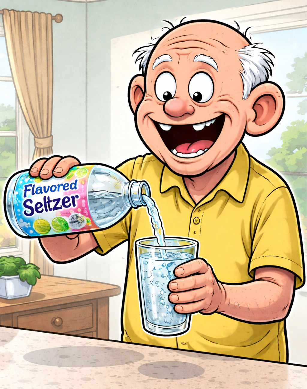 Toothless man drinking flavored seltzer