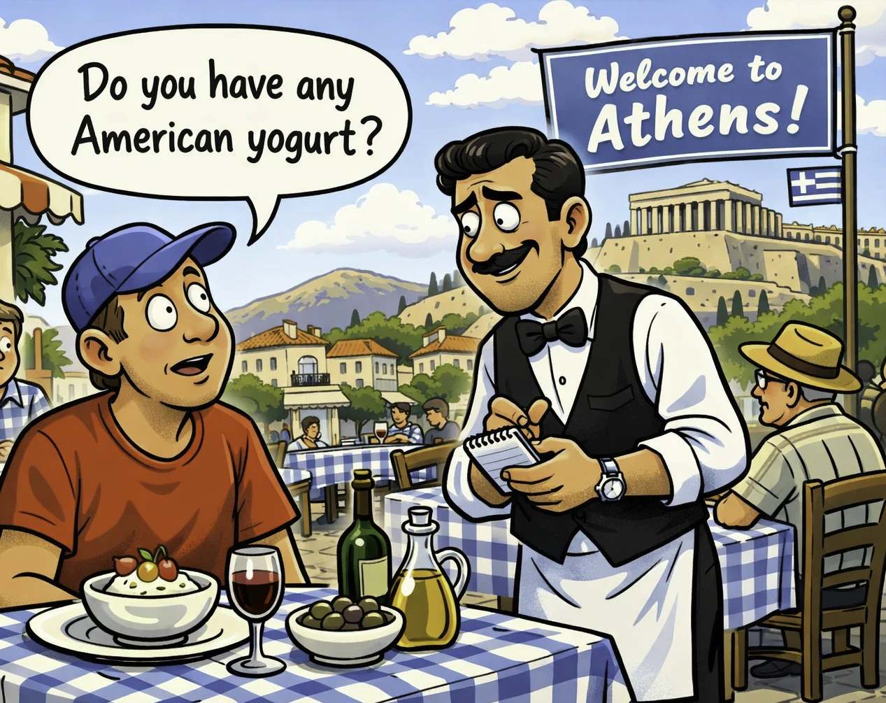 Patron in Greece asking for American yogurt