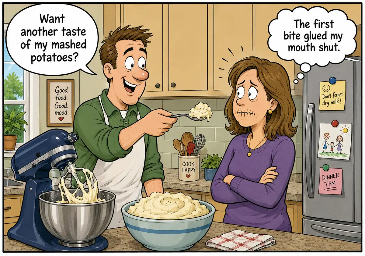 Woman being offered gummy mashed potatoes