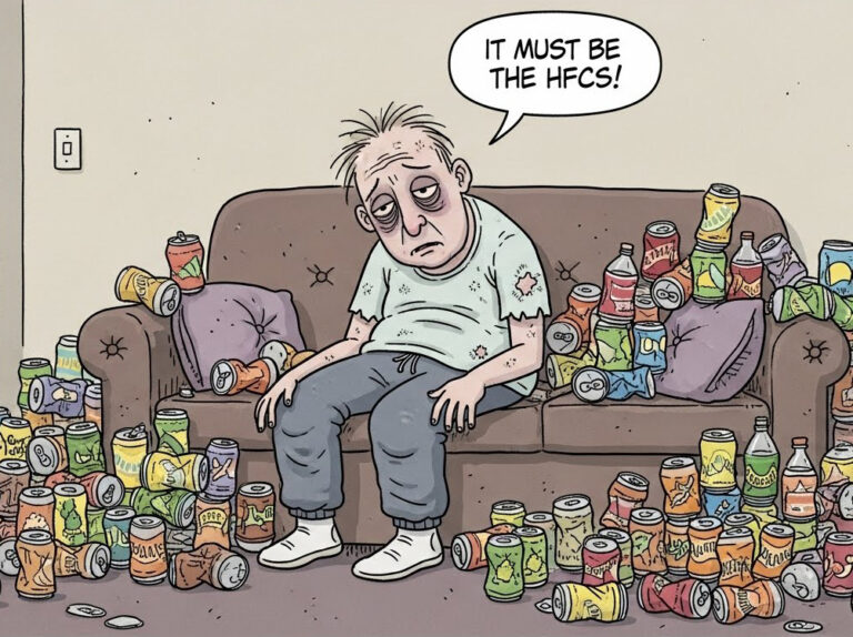 sick looking man surrounded by empty soft drink cans