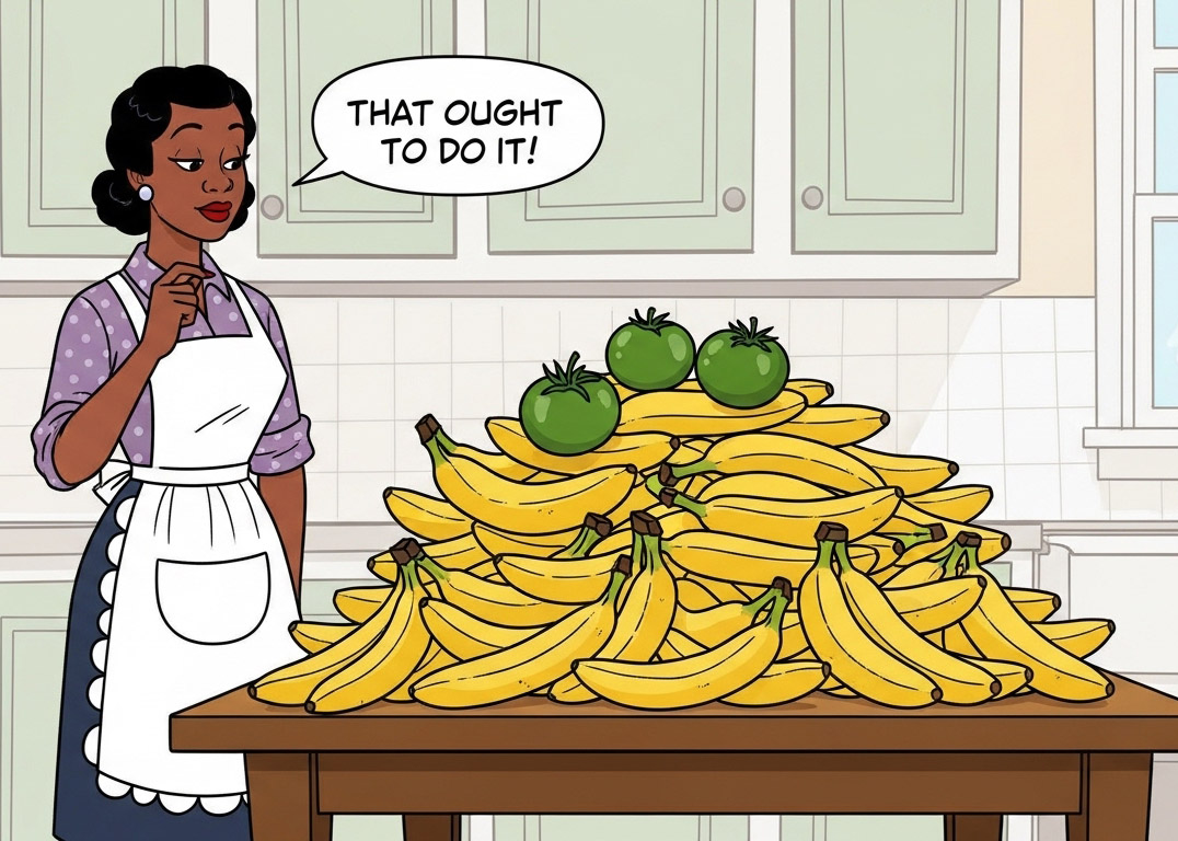 Black woman looking at green tomatoes and bananas