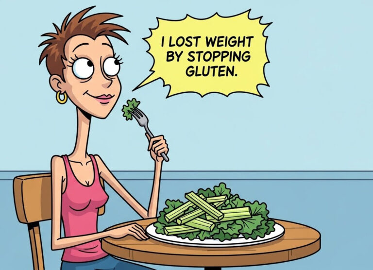 skinny woman eating a salad mentions gluten