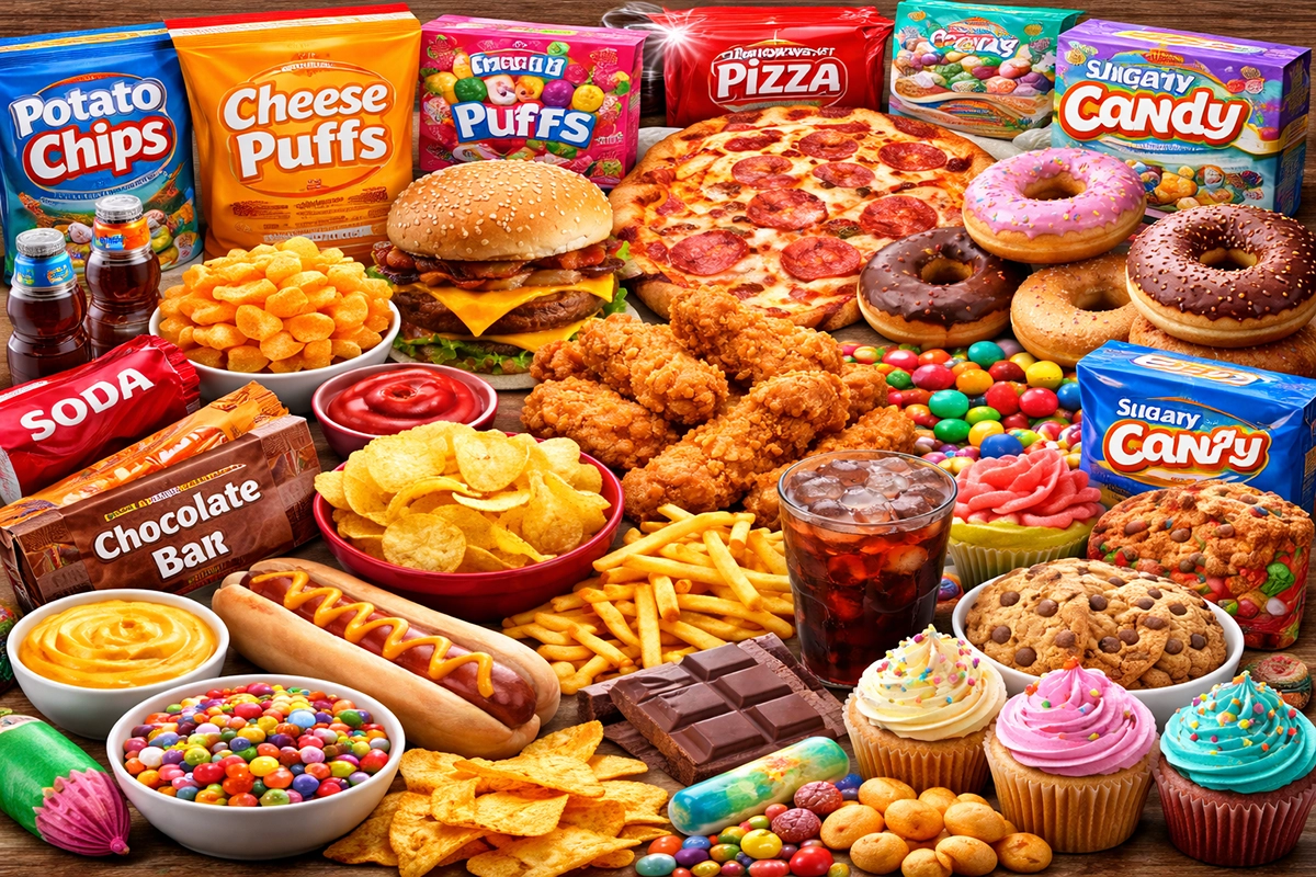 Ultra-processed food assortment