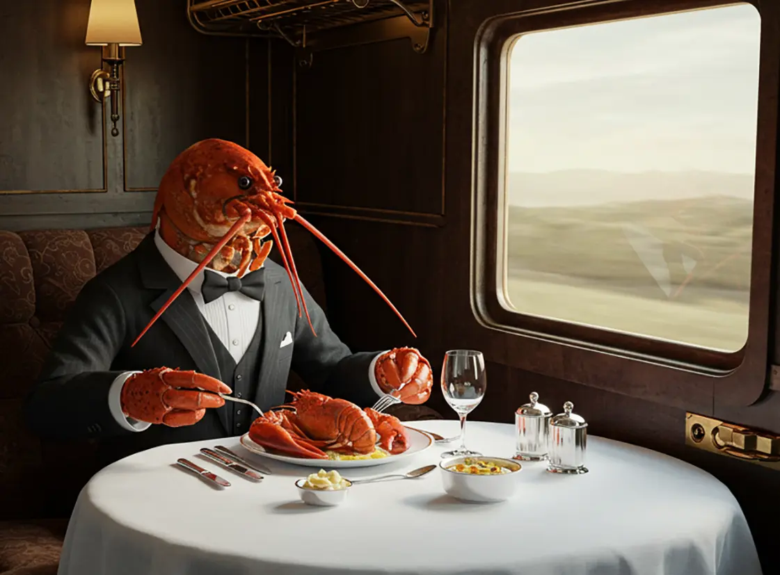Lobster served in railroad dining car