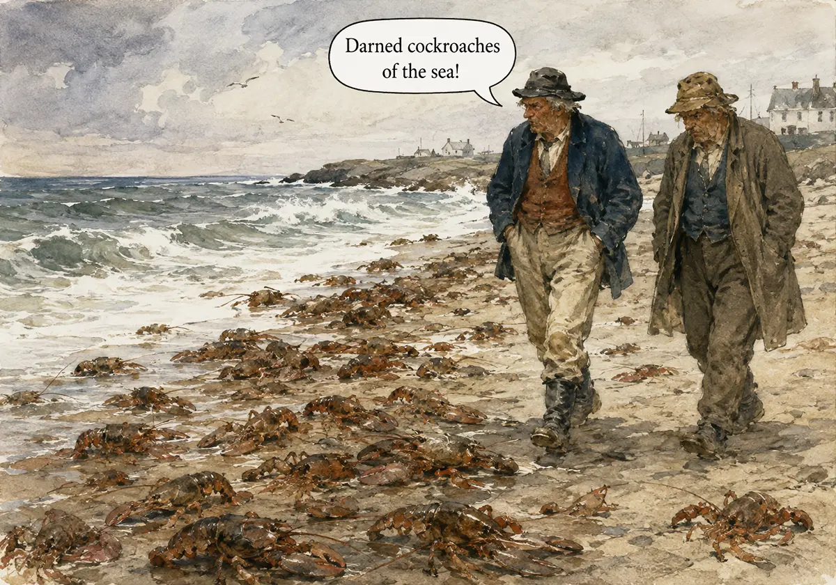 Fishermen commenting on lobsters washed up on beach