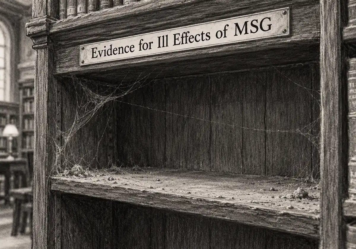 Empty library shelf labeled ill effects of MSG