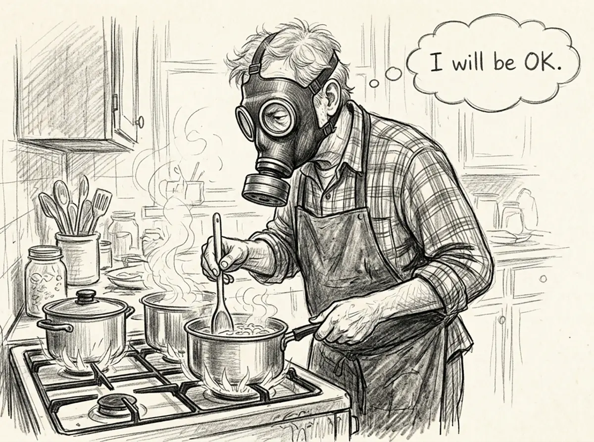 Man cooking while wearing gas mask