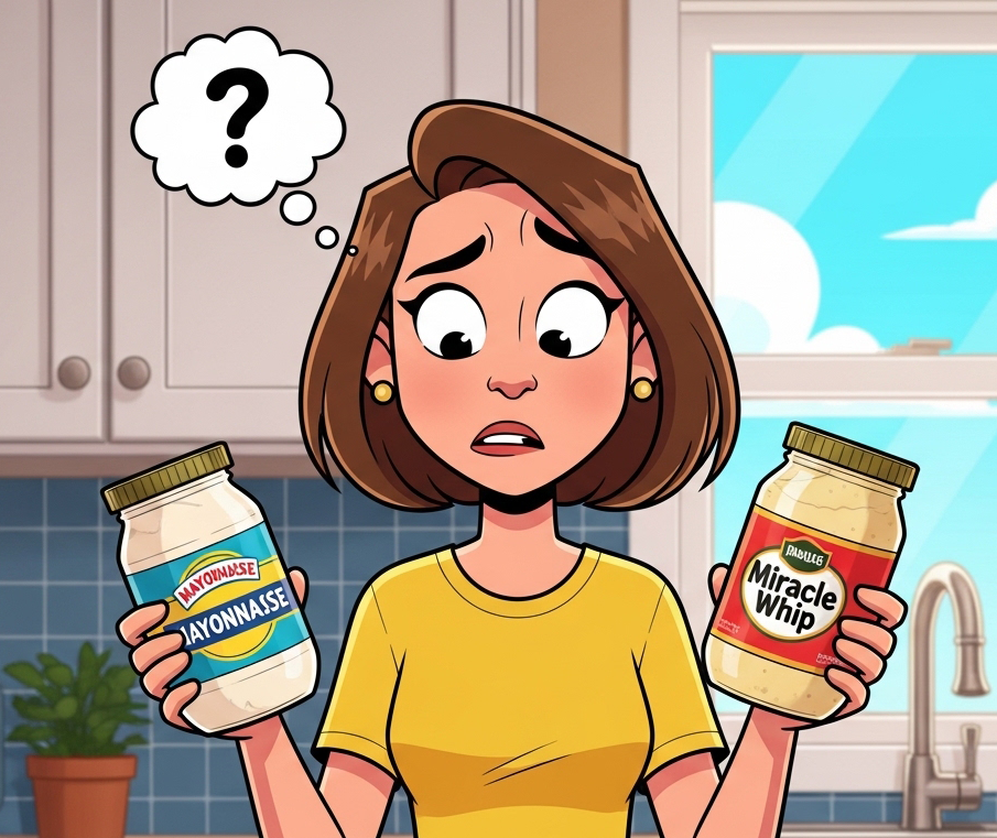 Woman choosing between mayonnaise and Miracle Whip