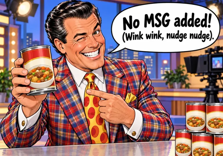 TV salesman selling no MSG added food wink wink