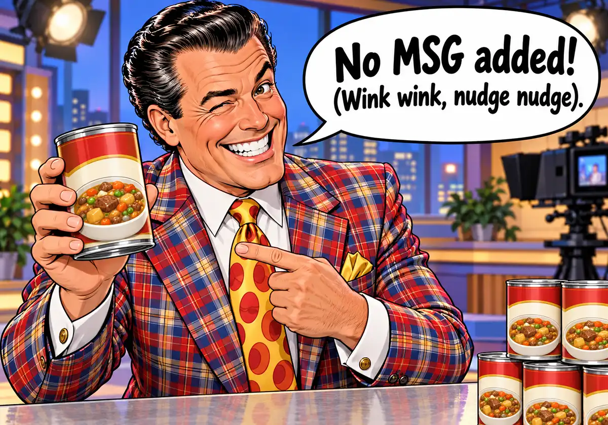 TV salesman selling no MSG added food wink wink