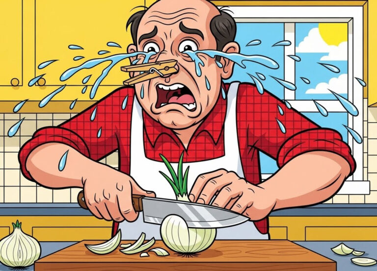 man chopping onions and crying