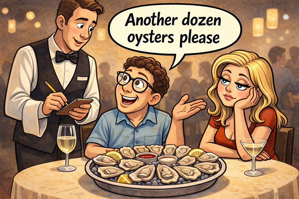 Couple on date eating raw oysters