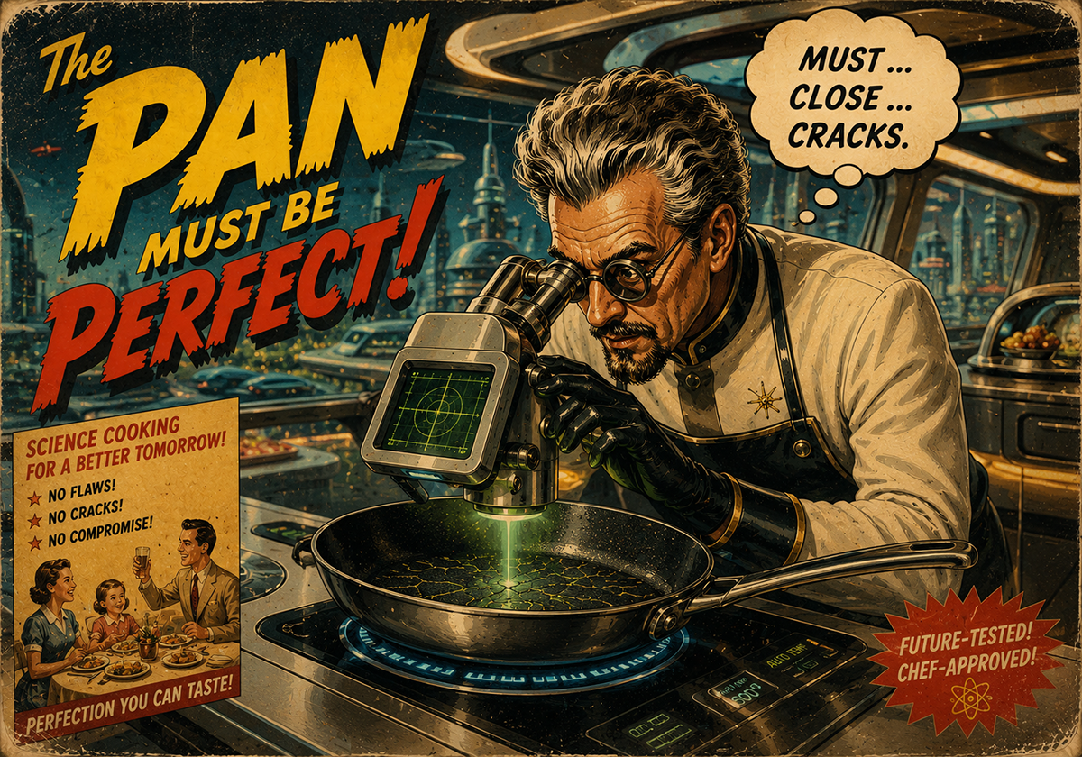 Mad scientist looking at pan