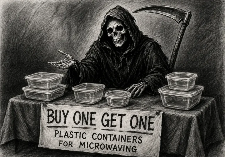 The Grim Reaper selling plastic containers for microwaving