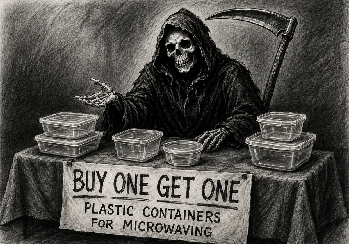The Grim Reaper selling plastic containers for microwaving