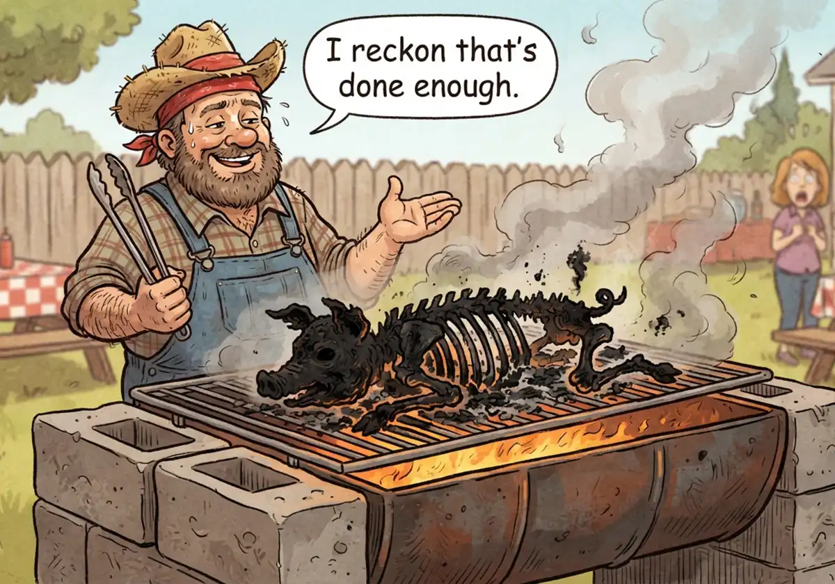 Man with burnt pig on barbecue