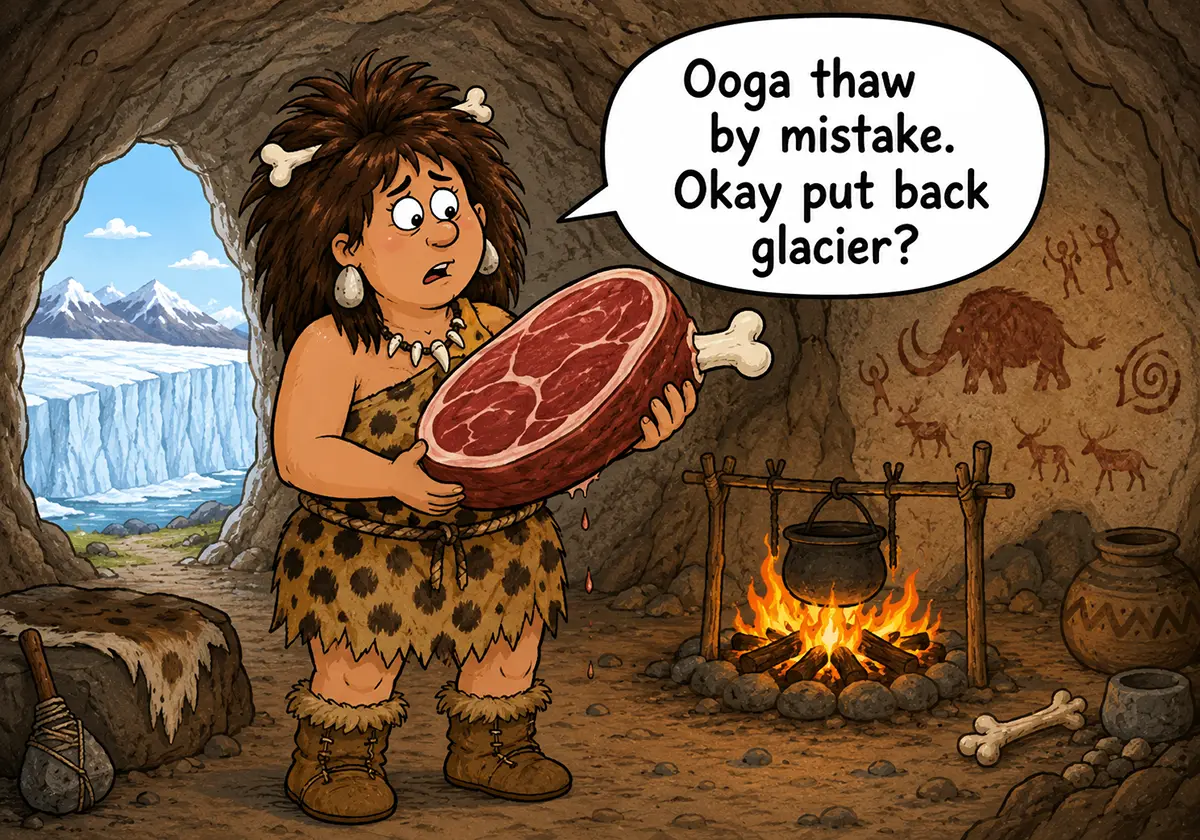 Cave woman with thawed meat