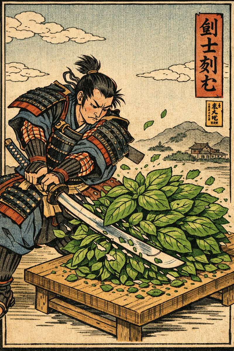 Samurai chopping basil with sword