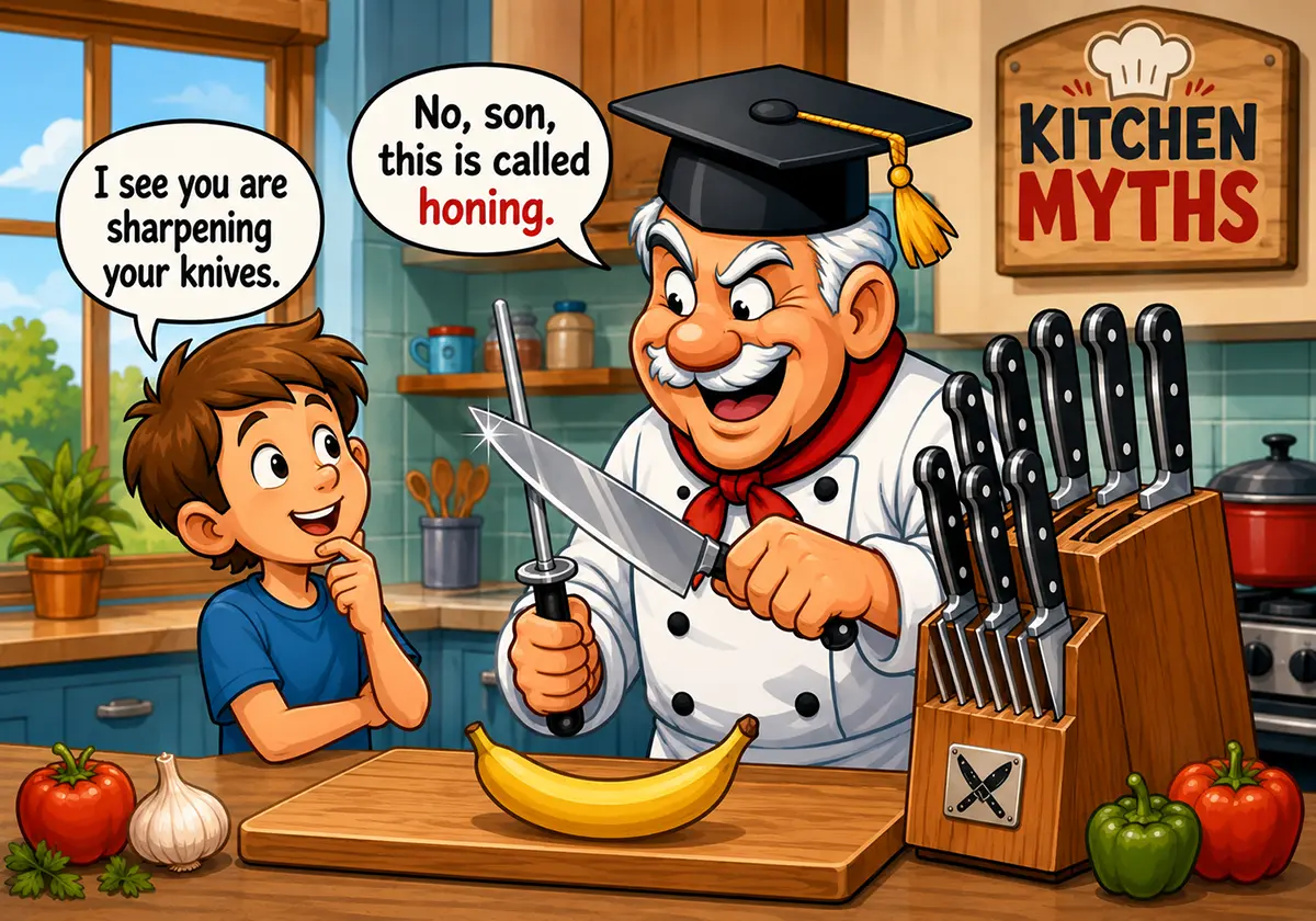 Chef explaining honing to a young boy