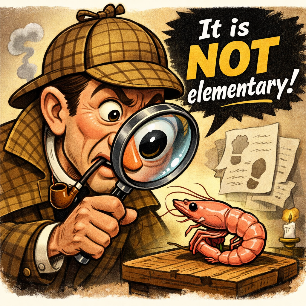 Sherlock Holmes examining a shrimp