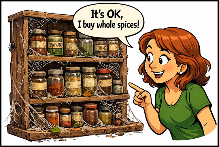 Woman looks at old spices on rack