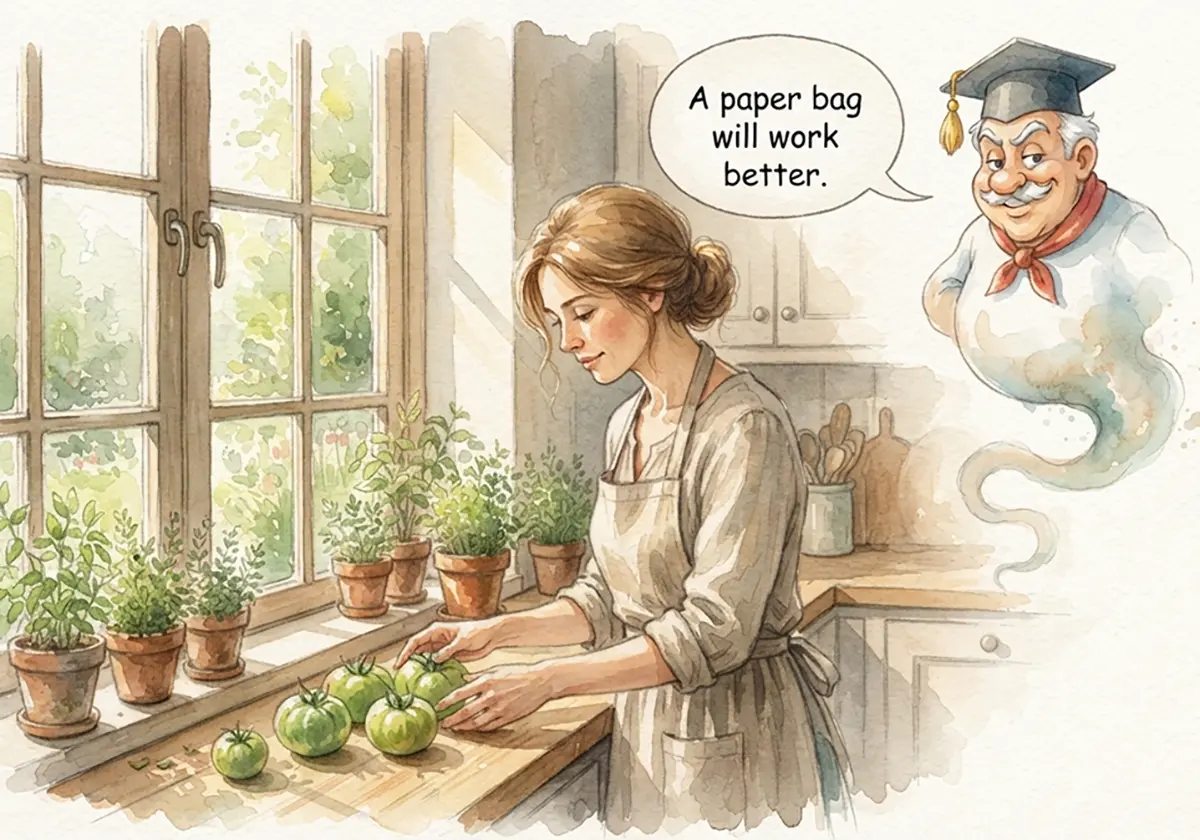 A woman putting green tomatoes on a sunny windowsill