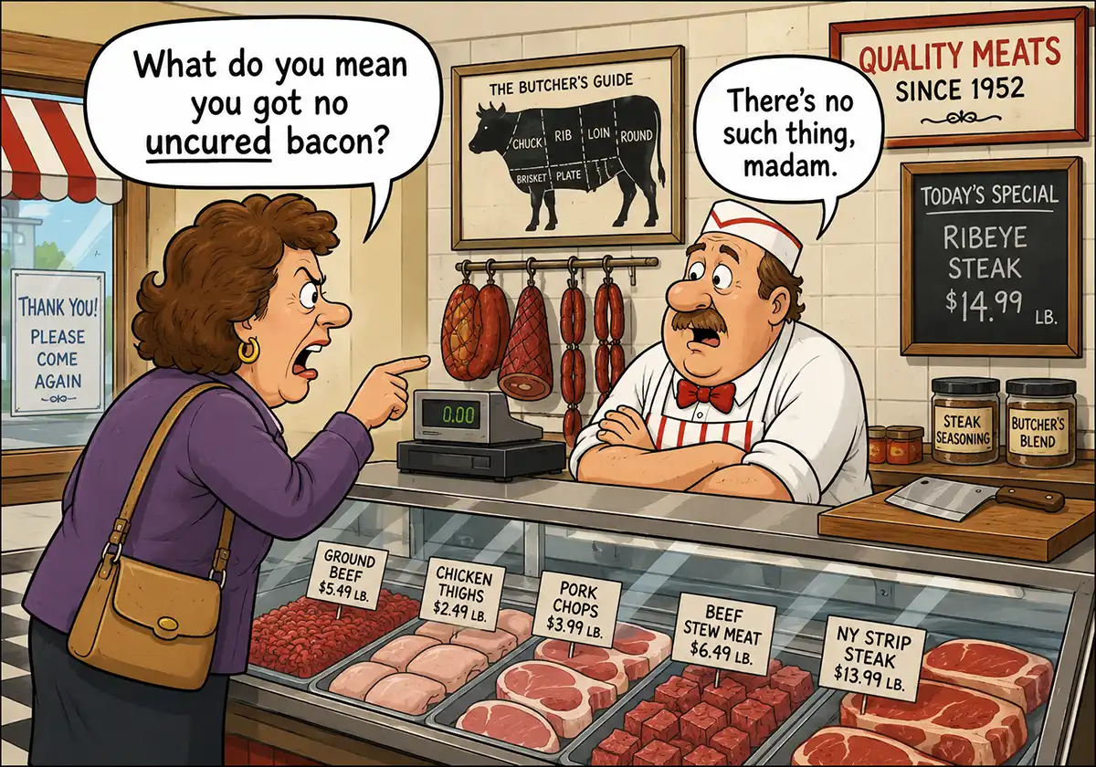 Woman at butcher shop asking for uncured bacon