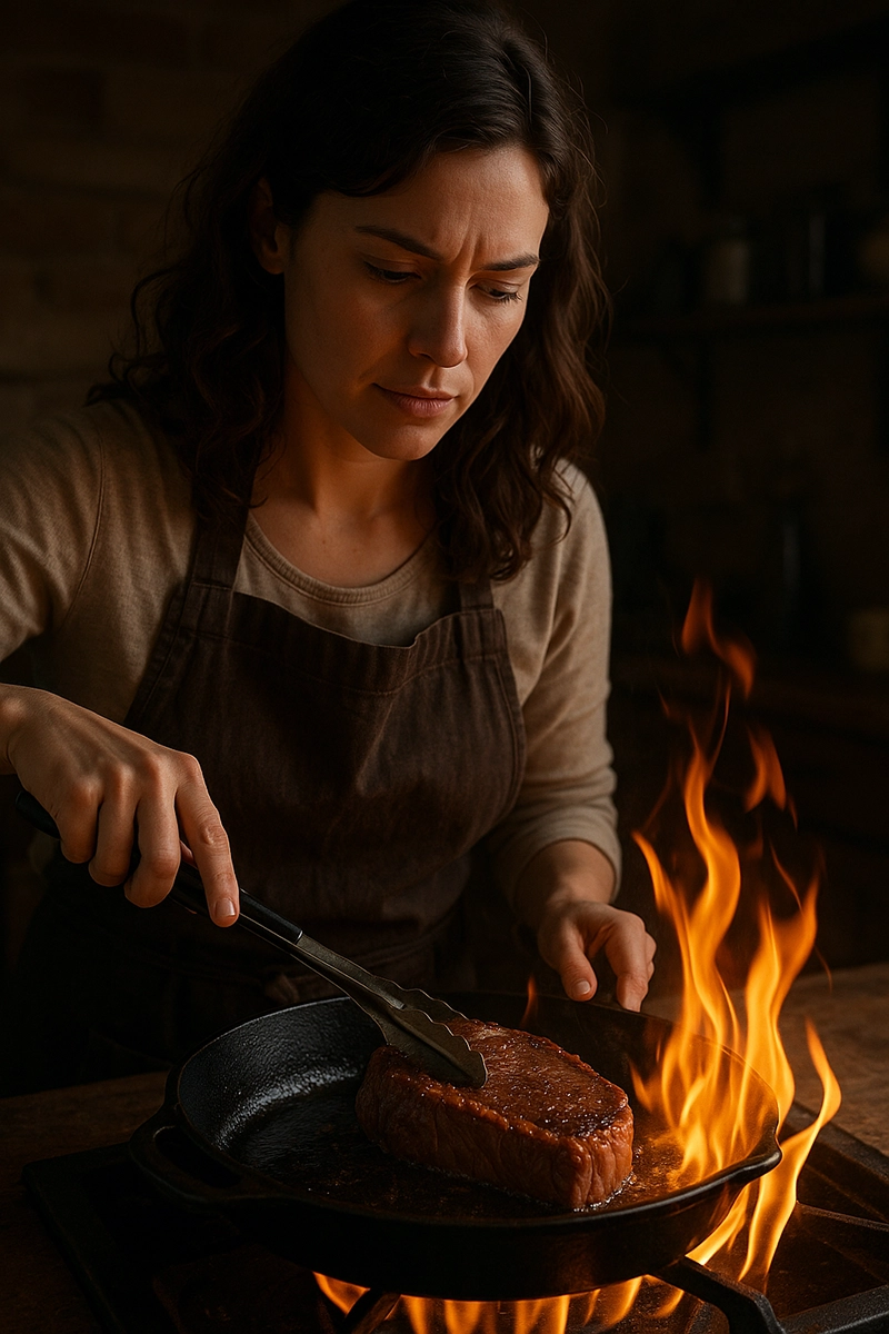 Woman searing a steak