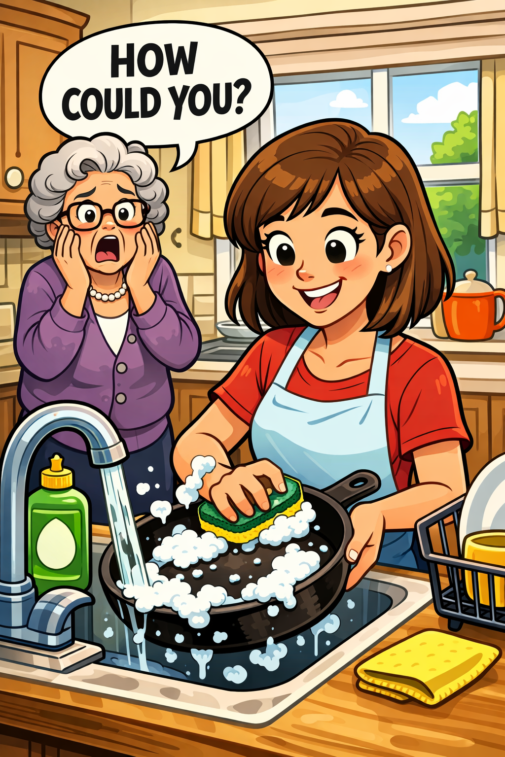 woman washing cast iron pan with soap